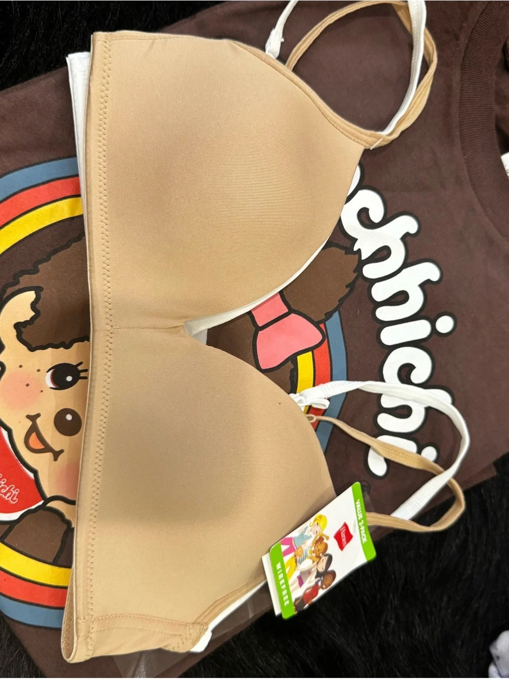 Target Kids Brown Monchhichi Graphic Tee with Navy Shorts and Beige Bra